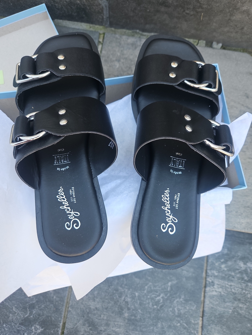 NEW IN BOX! Seychelles Black Double-Strap Buckle Slide Sandals
